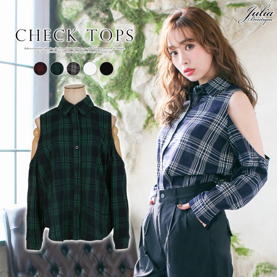 ブラウス レディース 肩開き シャツ 長袖 チェック 無地 肌見せ オフ