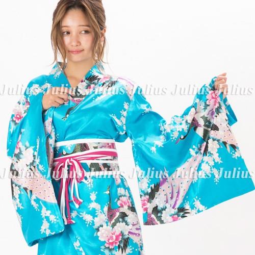 花魁 ガウンタイプ  サテン地 着物ロングドレス 花柄 孔雀 ブルー ac796        江戸 花魁道中 浴衣 祭り 衣装 舞台 コスプレ ナイトドレス ネグリジェ |  | 02