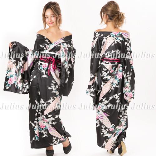 花魁  和柄 ガウンタイプ 着物ロングドレス ブラック ac97　　　　江戸 花魁道中 浴衣 祭り 衣装 舞台 コスプレ ネグリジェ 羽織 帯 草履 水商売 姫系 かん |  | 01