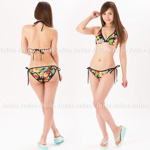 フラワーアート 三角ビキニ (胸パット入)フルバック モンステラ 黒【花柄 ラッシュガード  トップス ショートパンツ  セット水着 |  | 01