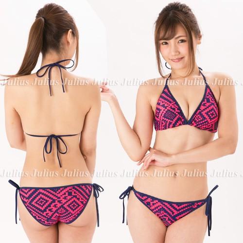 幾何学 模様 三角ビキニ(胸パット入) フルバック 水着 ネイビーx