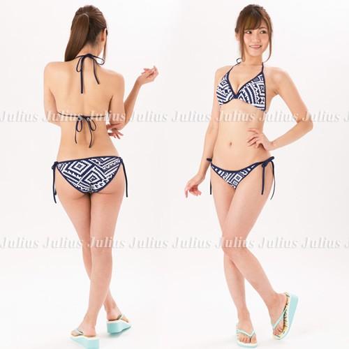 幾何学系柄 三角ビキニ(胸パット入) 紺 フルバック 水着　　セット水着 レディース ブラジリアン 見せブラ マイクロビキニ チューブトップ |  | 01