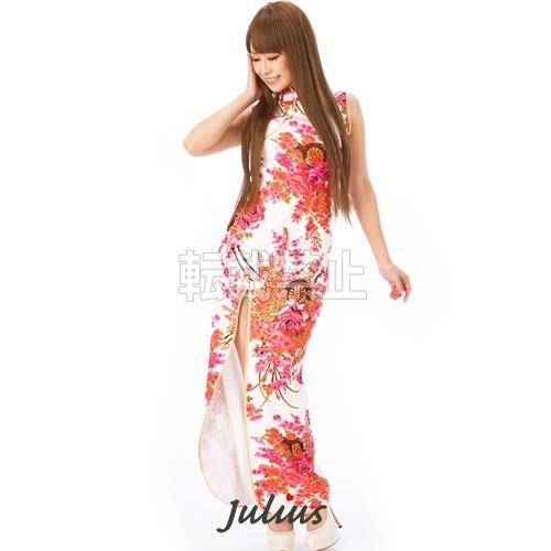 大胆スリット 和花柄 チャイナドレス ホワイトｘピンク サイズＭ jc27     ロングドレス 海外土産 民族衣装 舞台 ステージコスプレ  衣装 | 
