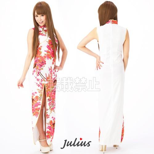 大胆スリット 和花柄 チャイナドレス ホワイトｘピンク サイズＭ jc27     ロングドレス 海外土産 民族衣装 舞台 ステージコスプレ  衣装 |  | 01