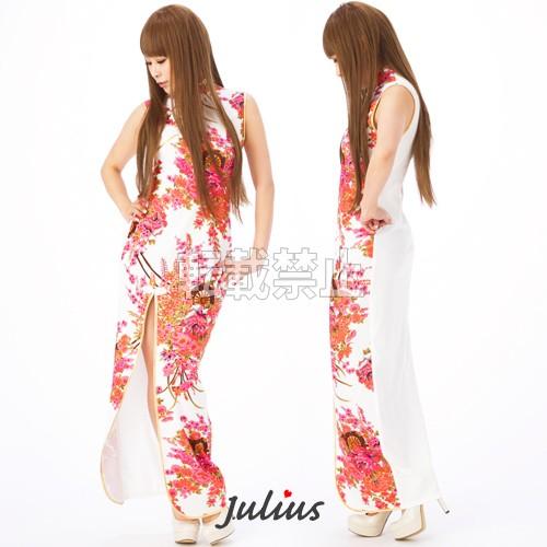 大胆スリット 和花柄 チャイナドレス ホワイトｘピンク サイズＭ jc27     ロングドレス 海外土産 民族衣装 舞台 ステージコスプレ  衣装 |  | 02