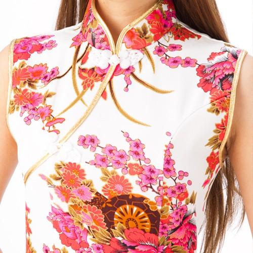 大胆スリット 和花柄 チャイナドレス ホワイトｘピンク サイズＭ jc27     ロングドレス 海外土産 民族衣装 舞台 ステージコスプレ  衣装 |  | 04