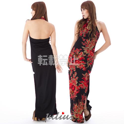 花柄 ホルターネック チャイナドレス 大胆スリット ロング ブラックjc87      民俗衣装 コスチューム ワンピース ナイトドレス パーティ ハロウィン |  | 02