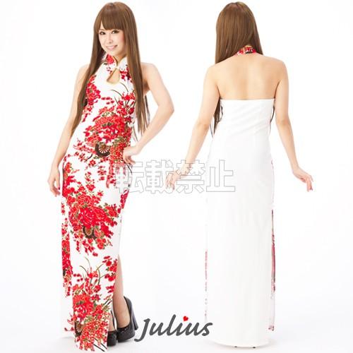 綺麗な和柄 ホルターネックチャイナドレス 大胆スリット ラメ入 ホワイトｘレッド　mc08　　　　民俗衣装 海外土産 パーティ キャバ嬢 |  | 01