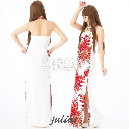 綺麗な和柄 ホルターネックチャイナドレス 大胆スリット ラメ入 ホワイトｘレッド　mc08　　　　民俗衣装 海外土産 パーティ キャバ嬢 |  | 02