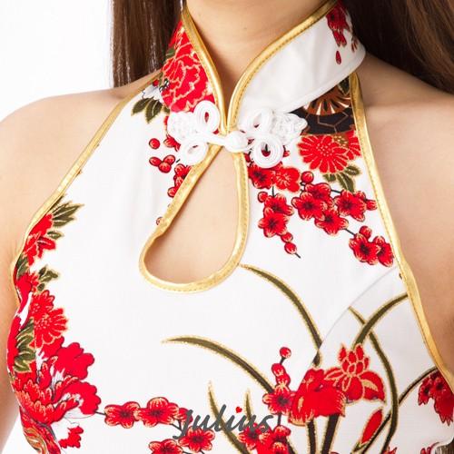 綺麗な和柄 ホルターネックチャイナドレス 大胆スリット ラメ入 ホワイトｘレッド　mc08　　　　民俗衣装 海外土産 パーティ キャバ嬢 |  | 03