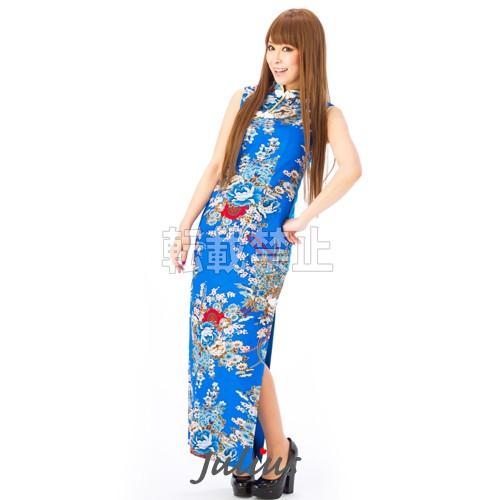 大胆 両サイドスリット 綺麗な和柄 チャイナドレス 青 mc69 結婚式 大胆 両サイドスリット 綺麗な和柄 チャイナドレス 青 mc69 結婚式