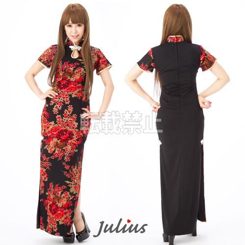 花柄 半袖 チャイナドレス ロング ブラックxレッド nc76　　　　ボディコン パーティ 結婚式 フォーマル 民俗衣装 海外土産 ステージ 衣装 ビジュ |  | 01