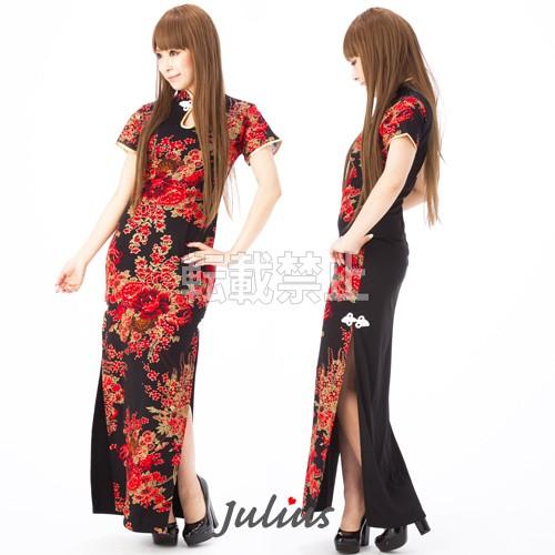 花柄 半袖 チャイナドレス ロング ブラックxレッド nc76　　　　ボディコン パーティ 結婚式 フォーマル 民俗衣装 海外土産 ステージ 衣装 ビジュ |  | 02