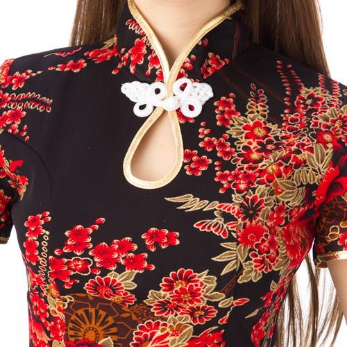 花柄 半袖 チャイナドレス ロング ブラックxレッド nc76　　　　ボディコン パーティ 結婚式 フォーマル 民俗衣装 海外土産 ステージ 衣装 ビジュ |  | 03