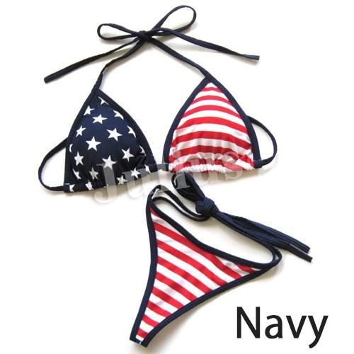 星条旗柄 Tバック ビキニ 水着 胸パット入 ネイビー＆レッド アメリカ  