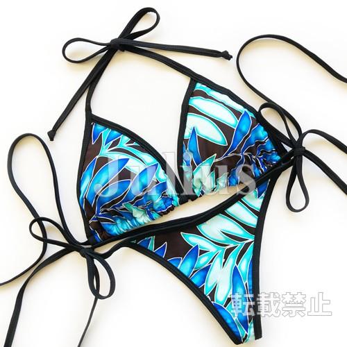 ハワイアン モンステラ柄 Ｔバック ビーチビキニ 胸パット入 水着 ブルー系      Ｇストリングス 海パン ラッシュガード サーフィン ボタニカル バス |  | 01