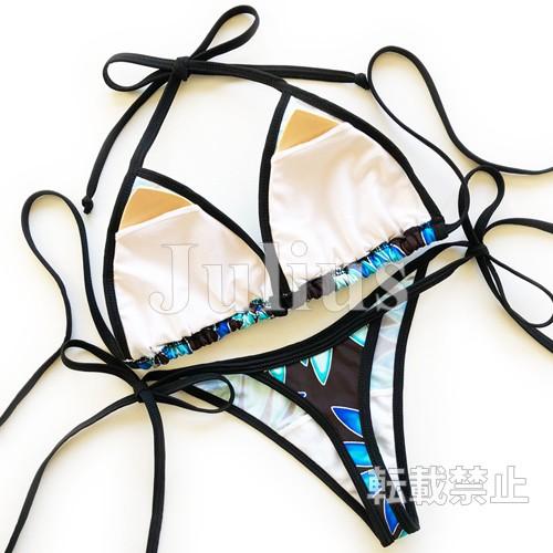 ハワイアン モンステラ柄 Ｔバック ビーチビキニ 胸パット入 水着 ブルー系      Ｇストリングス 海パン ラッシュガード サーフィン ボタニカル バス |  | 02