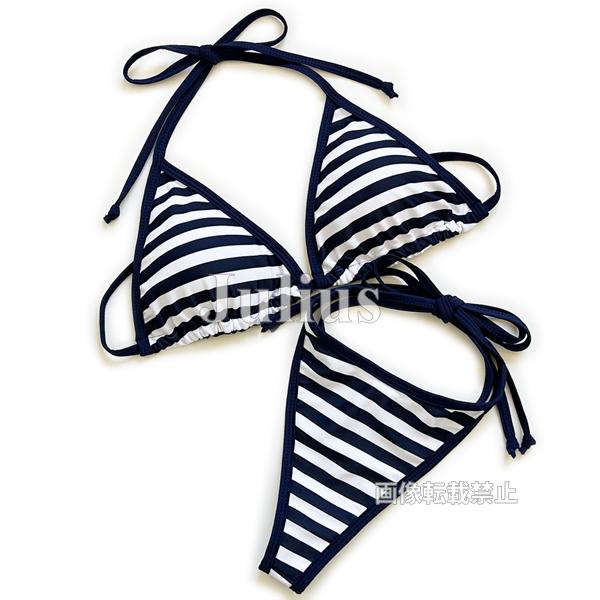 ネイビーｘホワイト ボーダー ビーチクイーン Ｔバック 三角ビキニ 水着 t64    サーフィン ブラジリアン  紐パンツ 競泳 水泳 スイムウェア | 