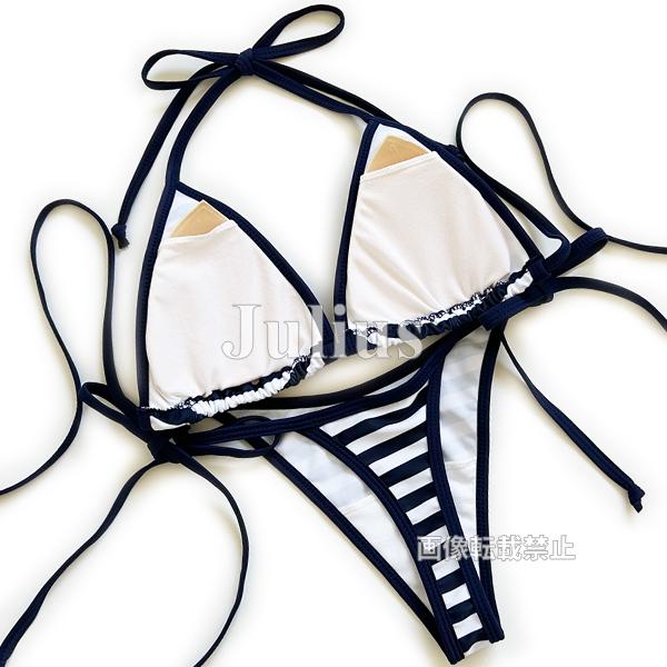 ネイビーｘホワイト ボーダー ビーチクイーン Ｔバック 三角ビキニ 水着 t64    サーフィン ブラジリアン  紐パンツ 競泳 水泳 スイムウェア |  | 02