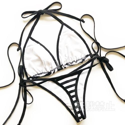 ボーダー Ｔバック 三角ビキニ 胸パット入 水着/黒ｘ白　　　海パン ワイヤー スイムウェア 紐パンツ 競泳 水泳 ラッシュガード サーフィン イベン |  | 02