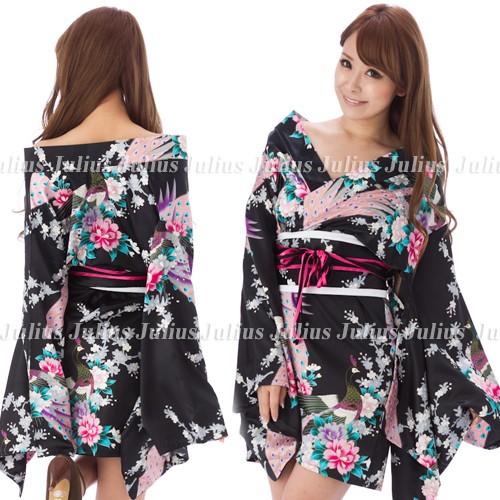 花魁系 セクシー 着物ドレス ワンピース サテン 孔雀柄 黒 肩出OK  xc47       江戸 よさこい 花魁道中 浴衣 祭り 衣装 舞台 コスプレ 安い ネグリジェ 羽 |  | 01