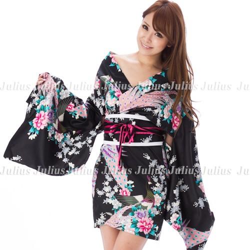 花魁系 セクシー 着物ドレス ワンピース サテン 孔雀柄 黒 肩出OK  xc47       江戸 よさこい 花魁道中 浴衣 祭り 衣装 舞台 コスプレ 安い ネグリジェ 羽 |  | 03