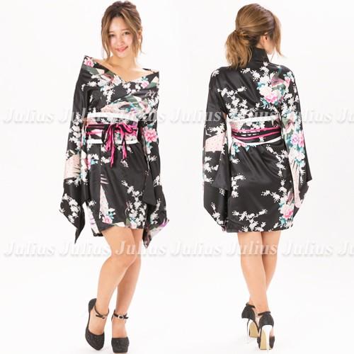 花魁系 セクシー 着物ドレス ワンピース 孔雀 桜 帯セット ブラック 肩出OK       舞台衣装 民族衣装 よさこい 発表会 演奏会  ガウンタイプ 制服 浴衣 |  | 01