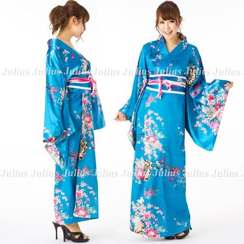 花魁系 サテン地 着物ロングドレス ブルー 和柄 xc65       舞台 ステージ コスプレ よさこい 衣装 祭り 浴衣 江戸 花魁道中 ネグリジェ 羽織 草履 |  | 02