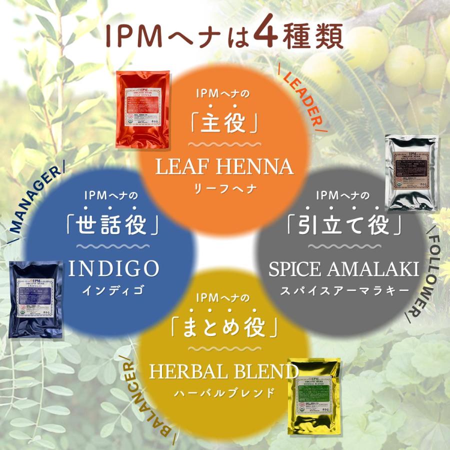 IPMヘナ リピーター4点セット 各100g 選べるプレゼント付き (ガイドブックや毛染めセットが不要なリピーター様向けセット)｜jun-world｜06