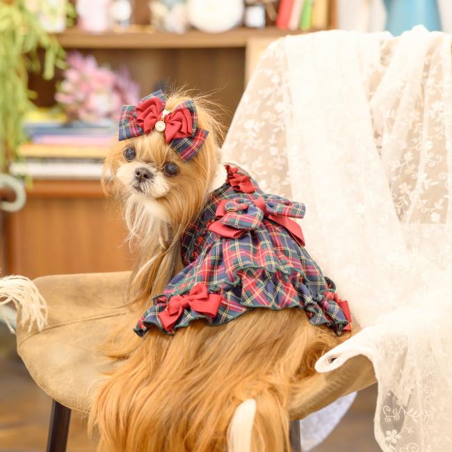 CanNana 犬服 セーター ドッグウェア 白襟タータンチェックワンピース