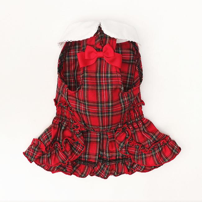 CanNana 犬服 セーター ドッグウェア 白襟タータンチェックワンピース