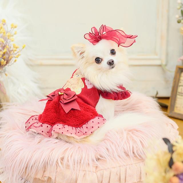 犬服 パーティードレス  きゃんくまパフスリーブワンピース クマ 秋 冬服 冬ワンピ きゃんナナ SS-Lサイズ ドッグウェアレッド ピンク CANNANA DOGWEARの画像