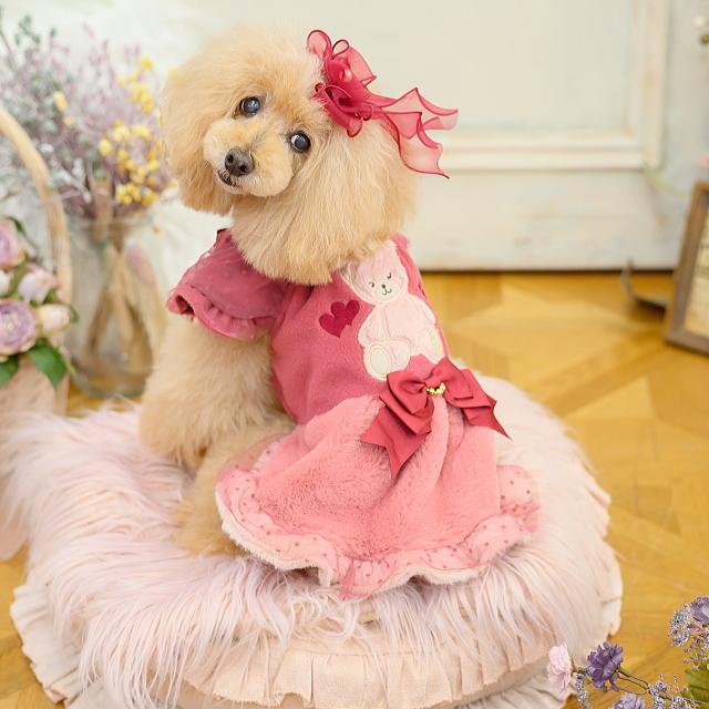 犬服 パーティードレス  きゃんくまパフスリーブワンピース クマ 秋 冬服 冬ワンピ きゃんナナ SS-Lサイズ ドッグウェアレッド ピンク CANNANA DOGWEARの画像