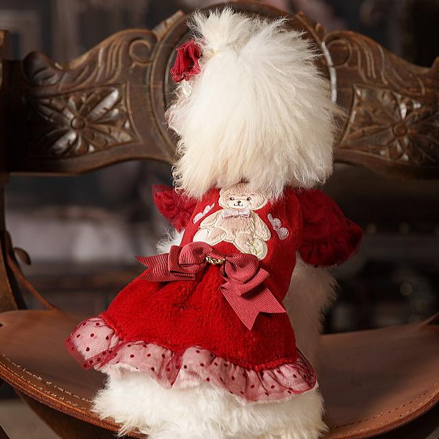 犬服 パーティードレス  きゃんくまパフスリーブワンピース クマ 秋 冬服 冬ワンピ きゃんナナ SS-Lサイズ ドッグウェアレッド ピンク CANNANA DOGWEARの画像