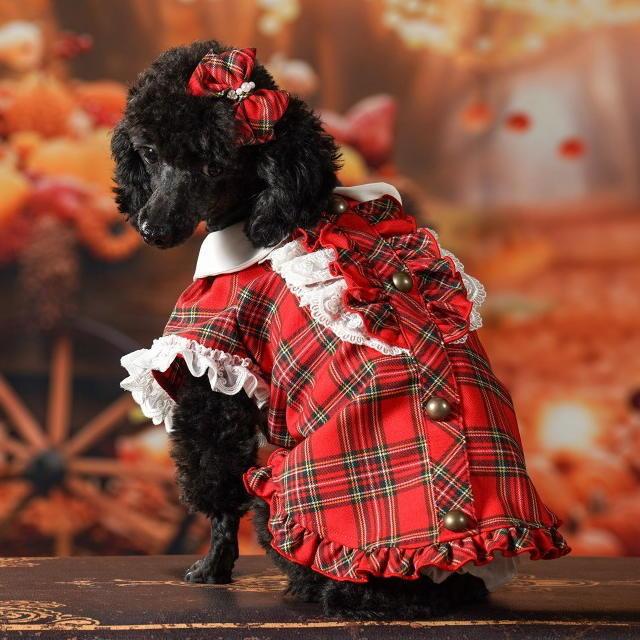 新作 ドッグウェア 犬服  秋冬【きゃんナナ】クラシカルフリルブラウスSS-Lサイズ レッド ネイビー red タータンチェックの画像