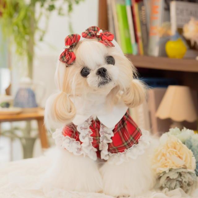 新作 ドッグウェア 犬服  秋冬【きゃんナナ】クラシカルフリルブラウスSS-Lサイズ レッド ネイビー red タータンチェックの画像