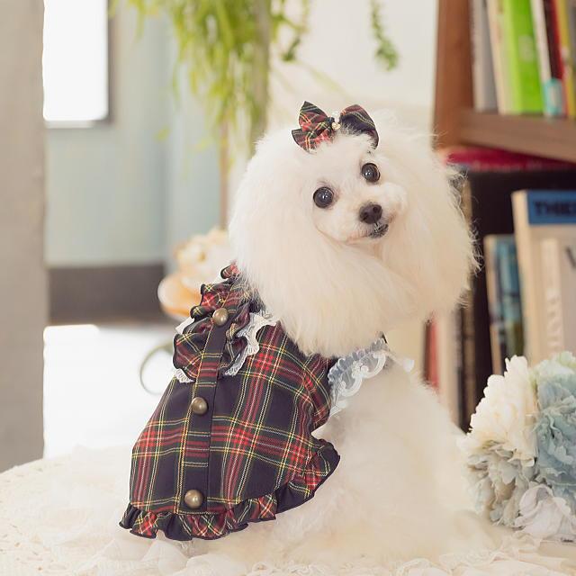 新作 ドッグウェア 犬服  秋冬【きゃんナナ】クラシカルフリルブラウスSS-Lサイズ レッド ネイビー red タータンチェックの画像