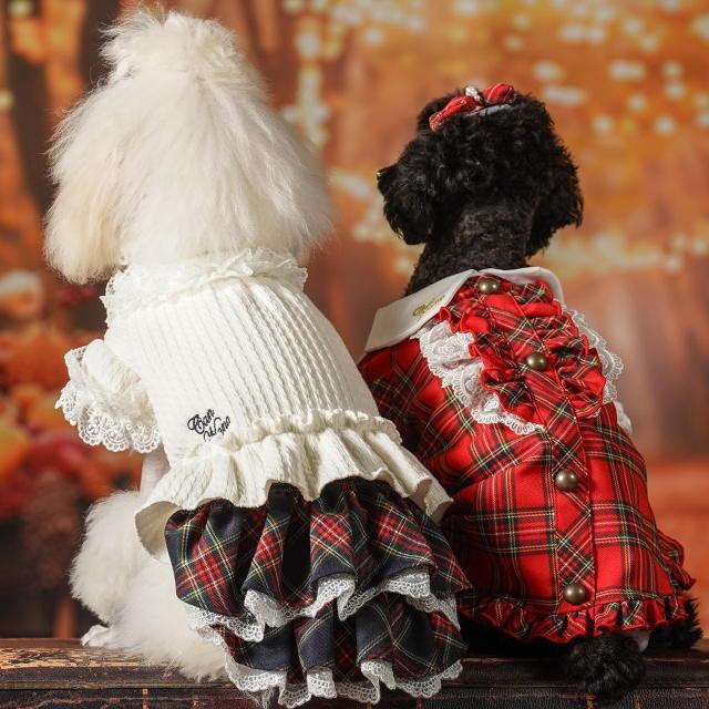 新作 ドッグウェア 犬服  秋冬【きゃんナナ】クラシカルフリルブラウスSS-Lサイズ レッド ネイビー red タータンチェックの画像