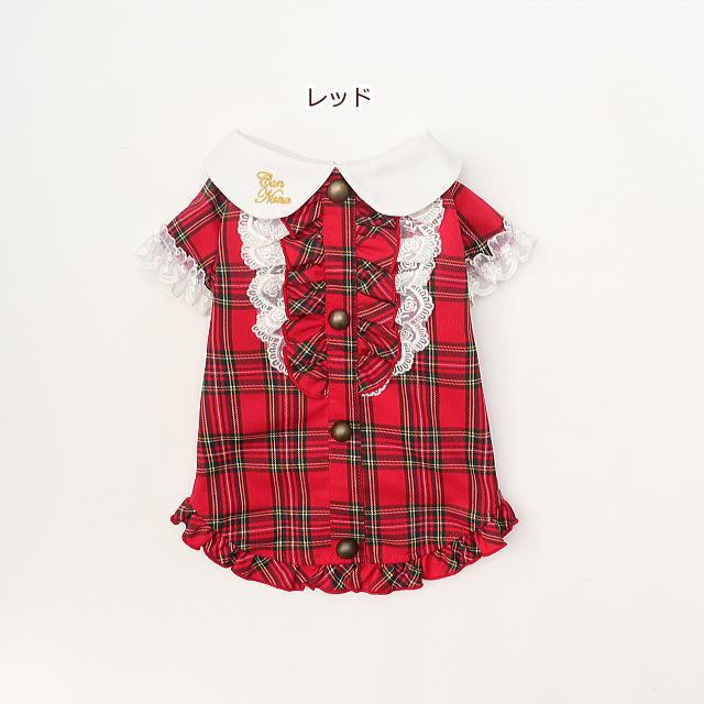 新作 ドッグウェア 犬服  秋冬【きゃんナナ】クラシカルフリルブラウスSS-Lサイズ レッド ネイビー red タータンチェックの画像