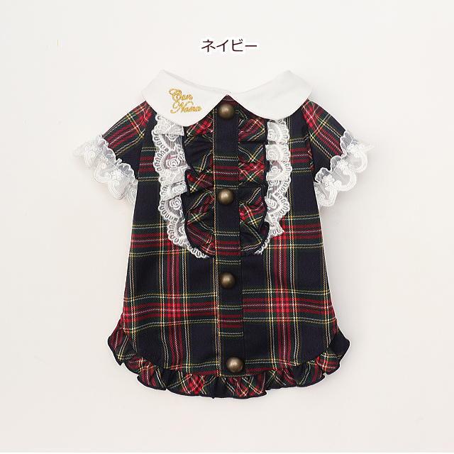 新作 ドッグウェア 犬服  秋冬【きゃんナナ】クラシカルフリルブラウスSS-Lサイズ レッド ネイビー red タータンチェックの画像