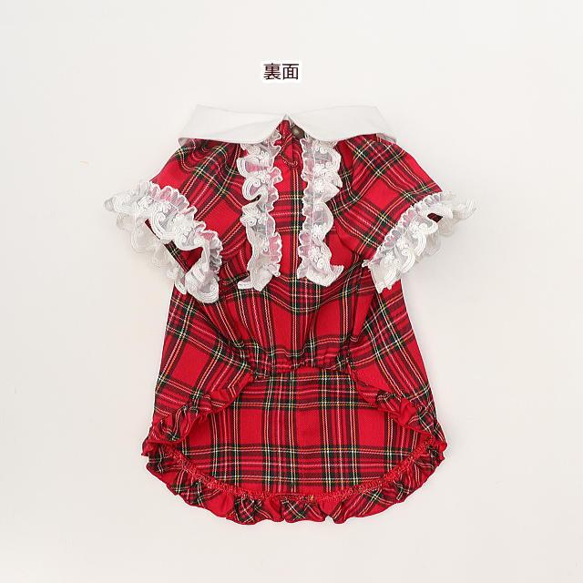 新作 ドッグウェア 犬服  秋冬【きゃんナナ】クラシカルフリルブラウスSS-Lサイズ レッド ネイビー red タータンチェックの画像