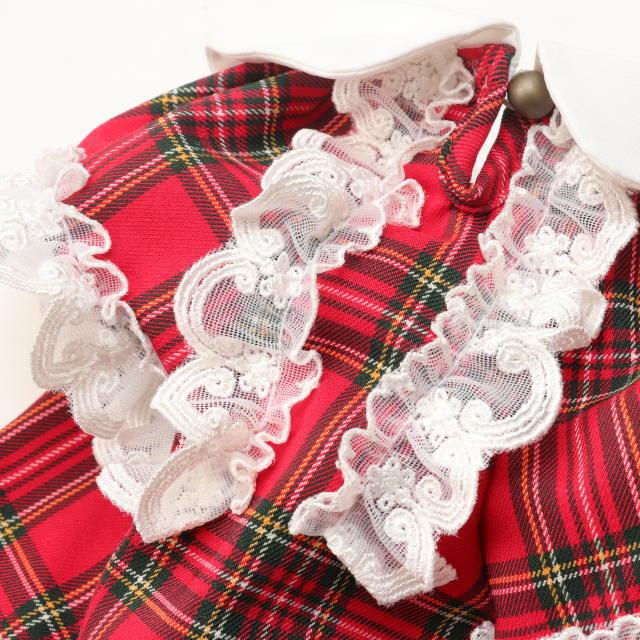新作 ドッグウェア 犬服  秋冬【きゃんナナ】クラシカルフリルブラウスSS-Lサイズ レッド ネイビー red タータンチェックの画像