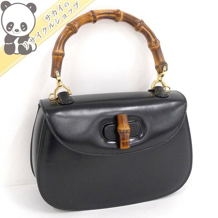 【中古】GUCCI ハンドバッグ バンブーハンドル ブラック レザー ミラー付属 ショルダーストラップ欠品 000.2046.0188【美品