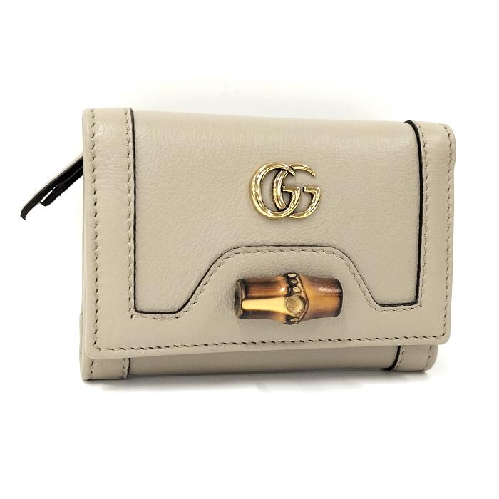 中古】GUCCI 三つ折り財布 バンブー GGマーモント レザー ベージュ 