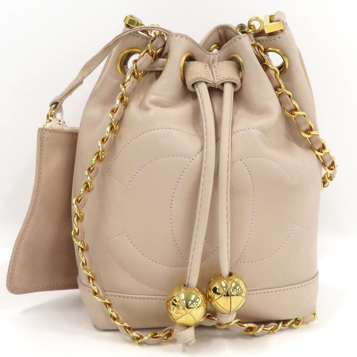シャネル チェーンショルダーバッグ ココマーク ラムスキン ベージュ 巾着 CHANEL 【中古】CHANEL 巾着 チェーンショルダーバッグ ココ