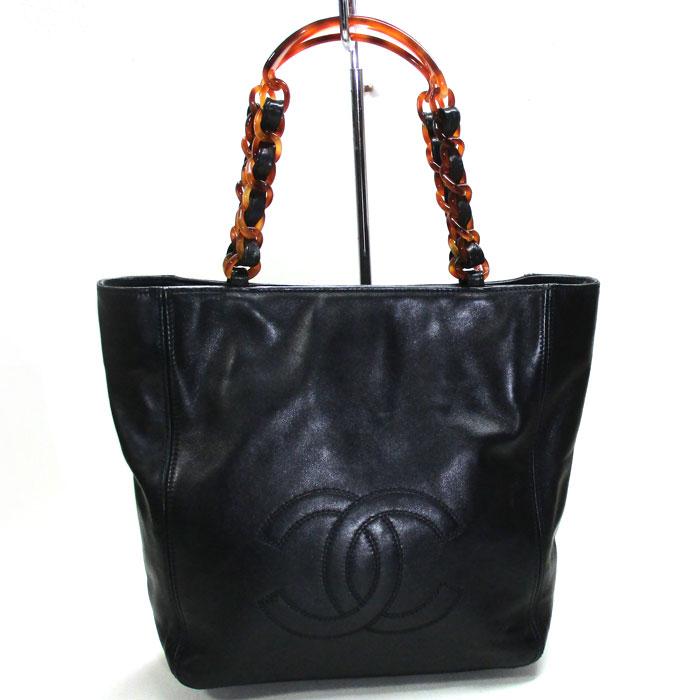 中古】CHANEL ココマーク プラチェーン トートバッグ ブラック べっ甲
