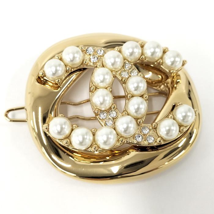 CHANEL ヘアクリップ メッキ ラインストーン フェイクパール ゴールド