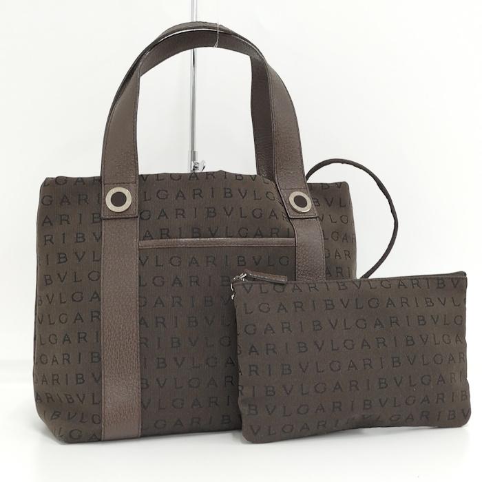 BVLGARI トートバッグ ロゴマニア ハンドバッグ 総柄 黒 ポーチ付き BVLGARIロゴマニアトートバックポーチ付き