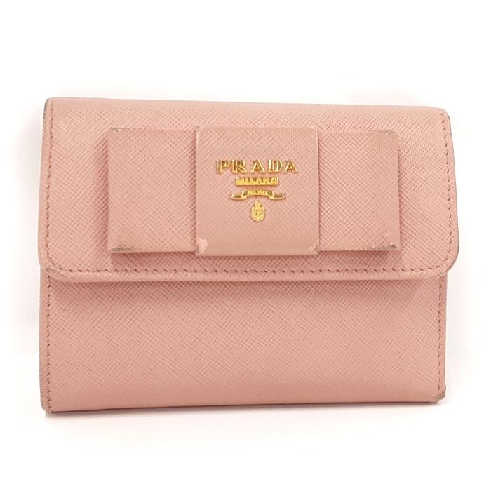 中古】プラダ 三つ折り財布 リボン サフィアーノレザー ピンク 1MH840  