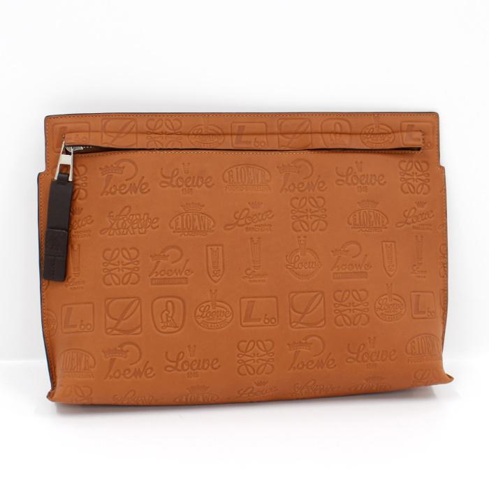 中古 ロエベ ポーチ クラッチバッグ シグニチャー Tポーチ 型押しレザー マルチロゴ ジャングルジャングルの ポーチ ブラウン クラッチバッグ 137 02vk05 ジャングルジャングル 注目ブランドのギフト